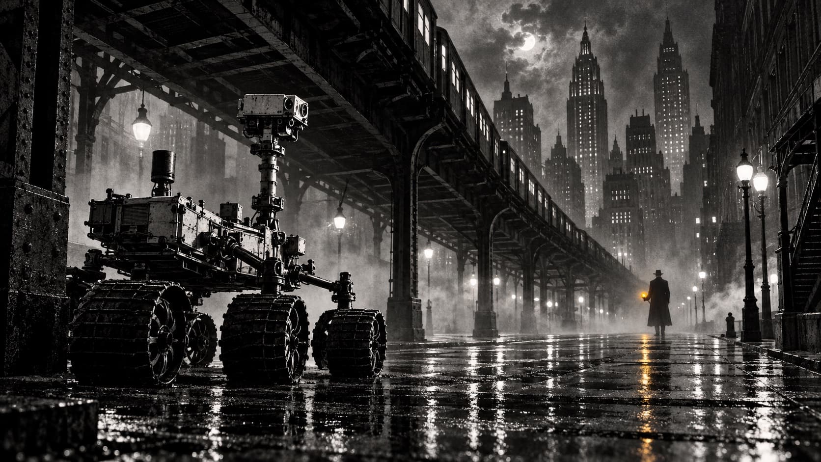 Comic illustration of Curiosity facing a lone figure under New York's elevated railway