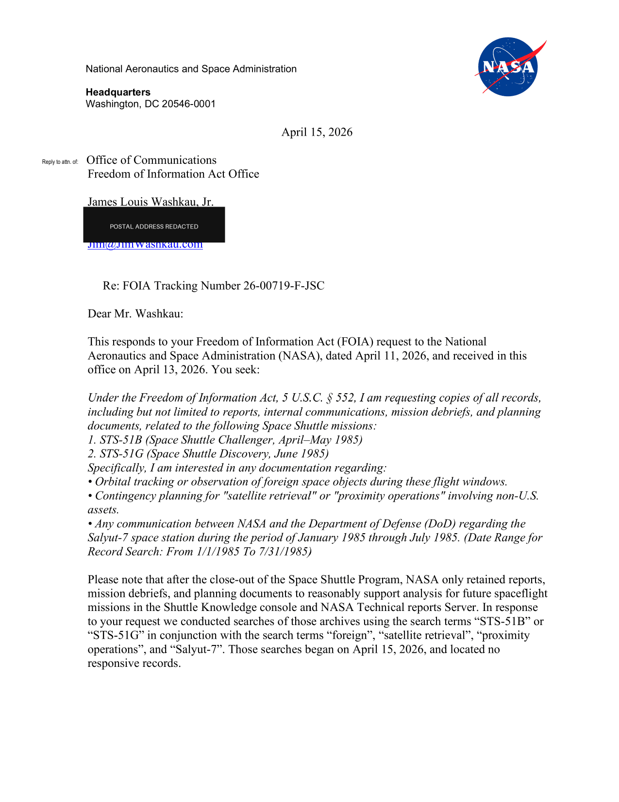 First page of NASA FOIA determination 26-00719-F-JSC with postal address permanently redacted