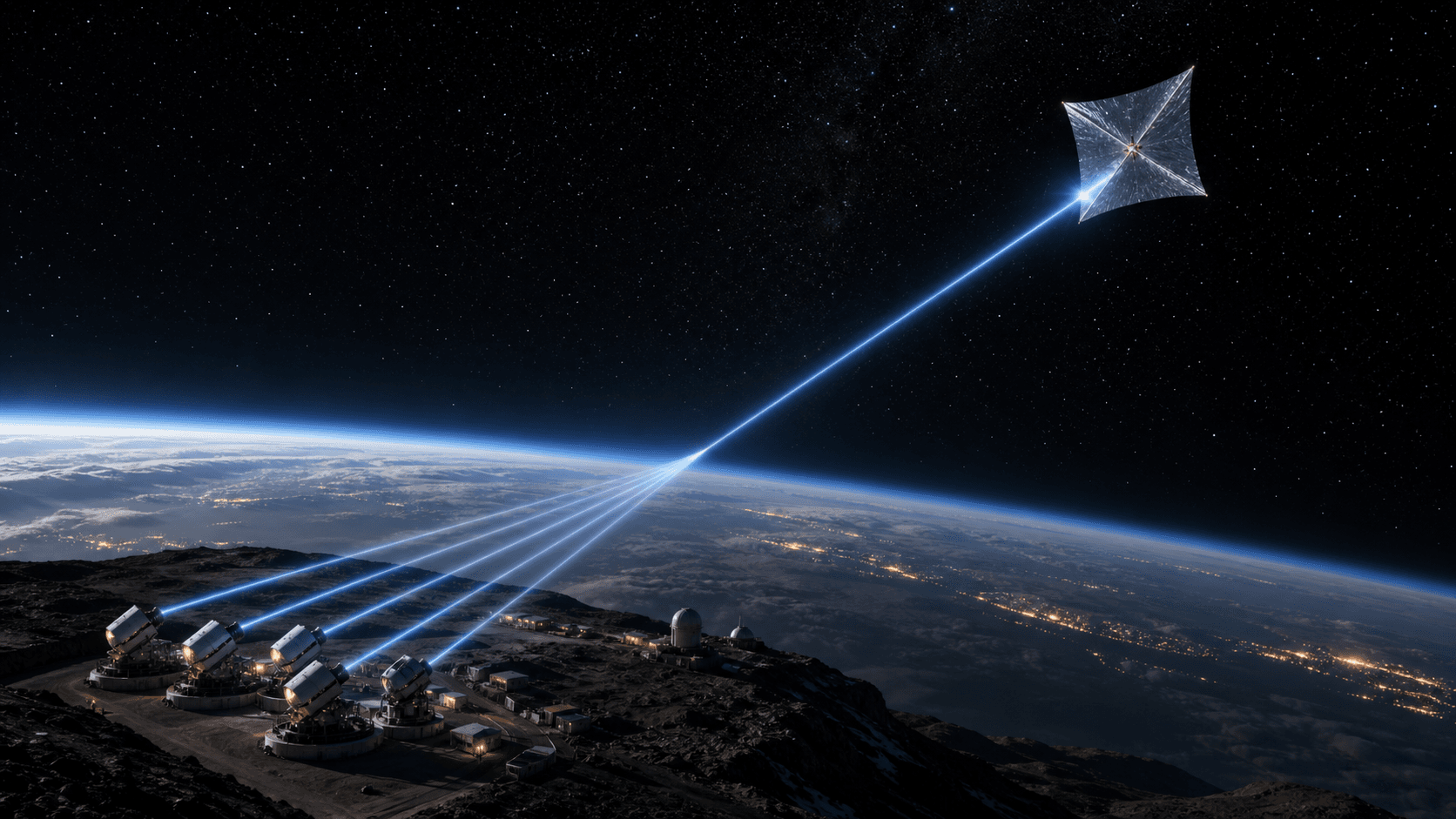 Concept illustration of a ground-based laser array directing a beam toward a reflective light-sail spacecraft above Earth