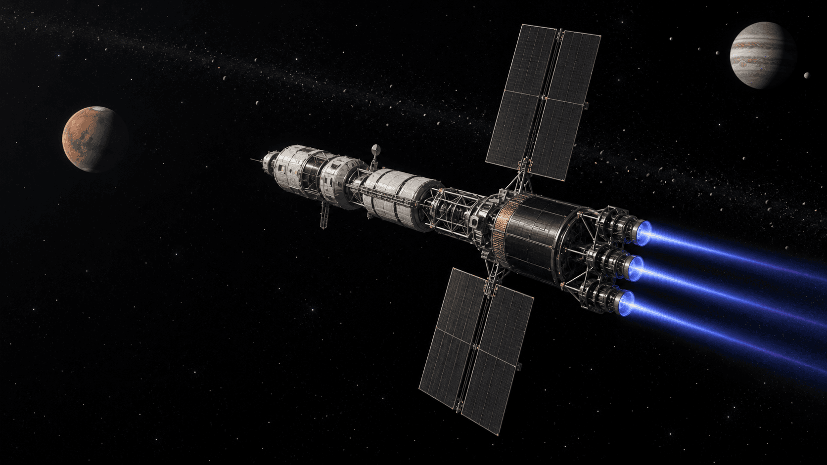 Concept rendering of a nuclear-electric crew transport using blue ion thrusters between Mars and Jupiter