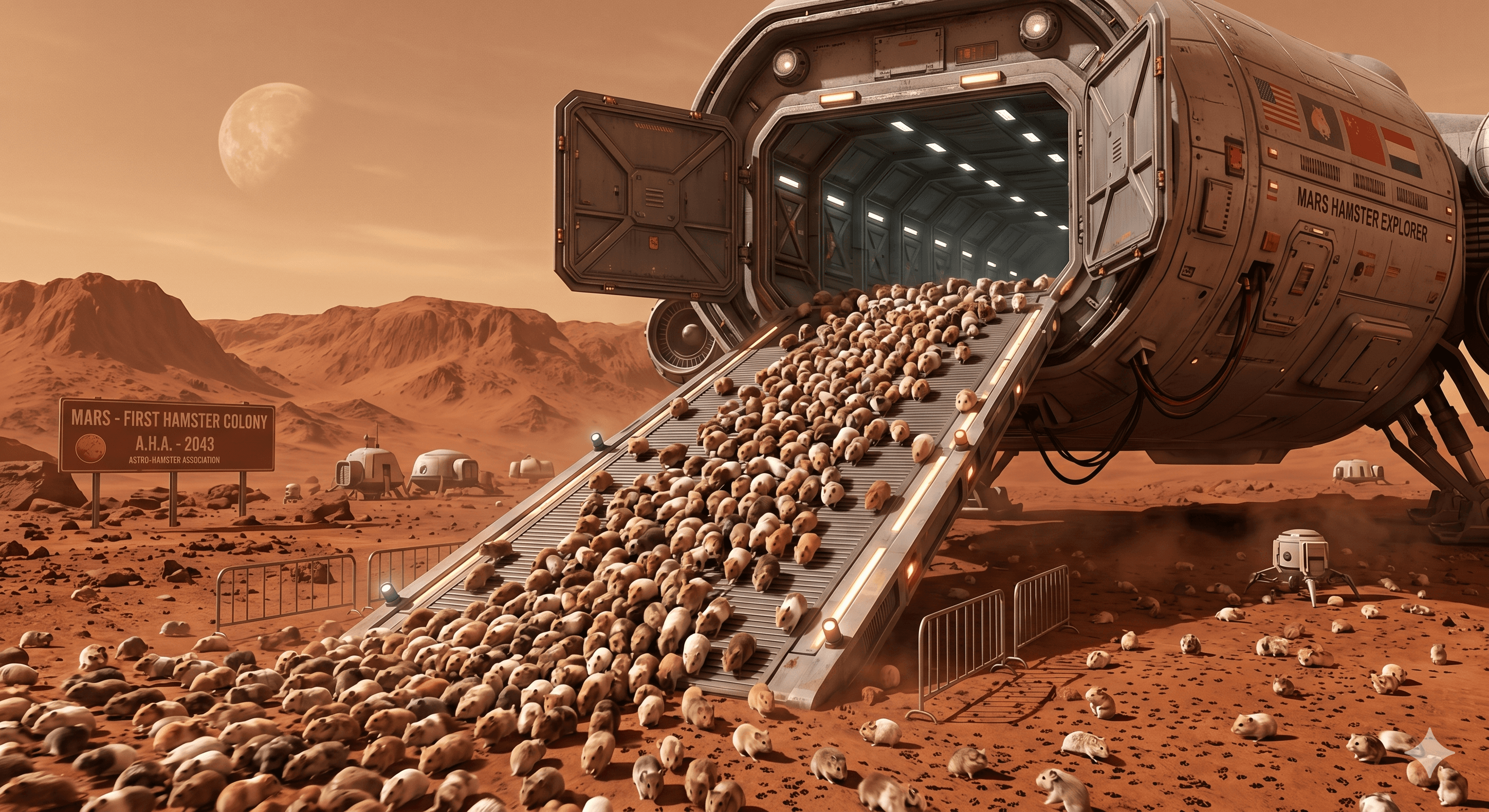 Humorous concept art of many hamsters exiting a spacecraft on Mars