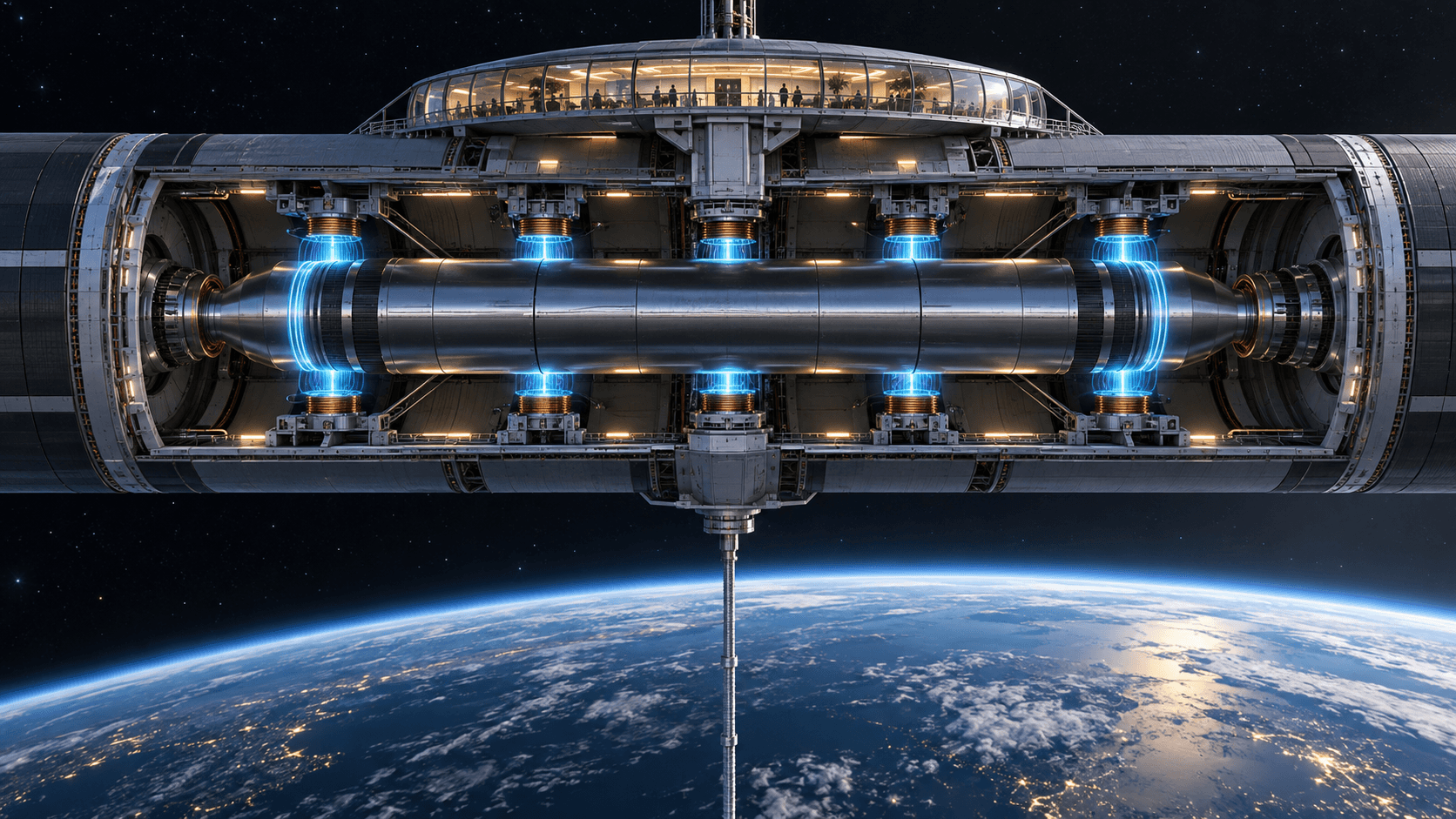 Cutaway concept showing a high-speed rotor magnetically suspended inside the stationary shell of an orbital ring