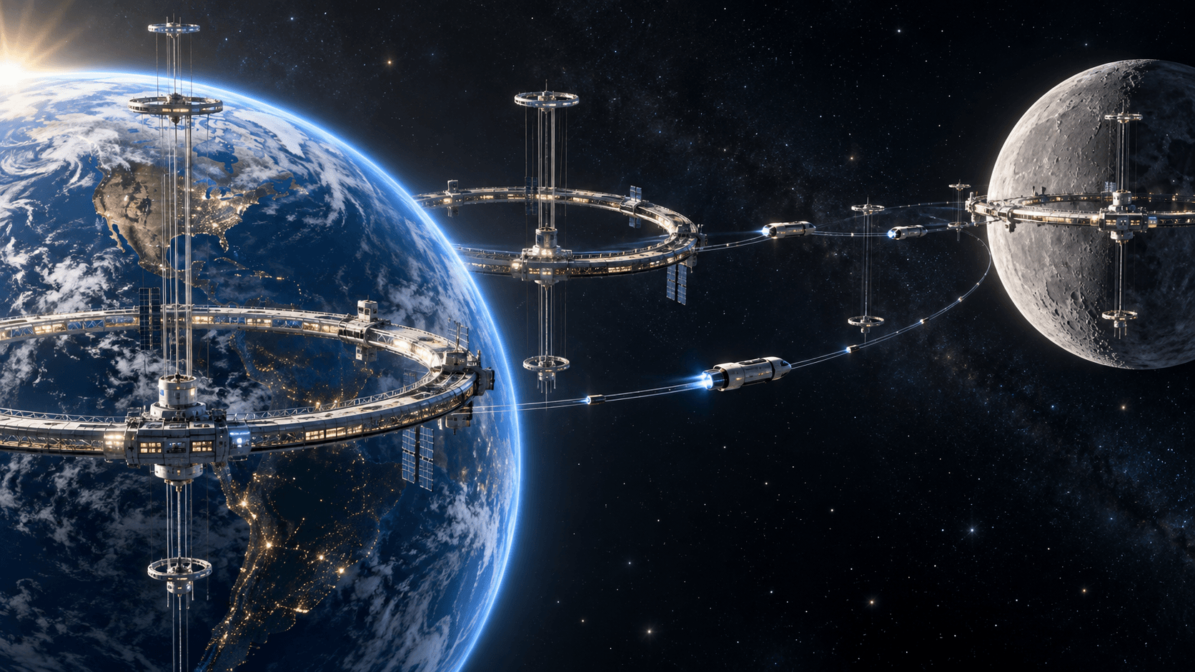 Speculative network of orbital rings, transfer stations, and spacecraft extending from Earth toward the Moon