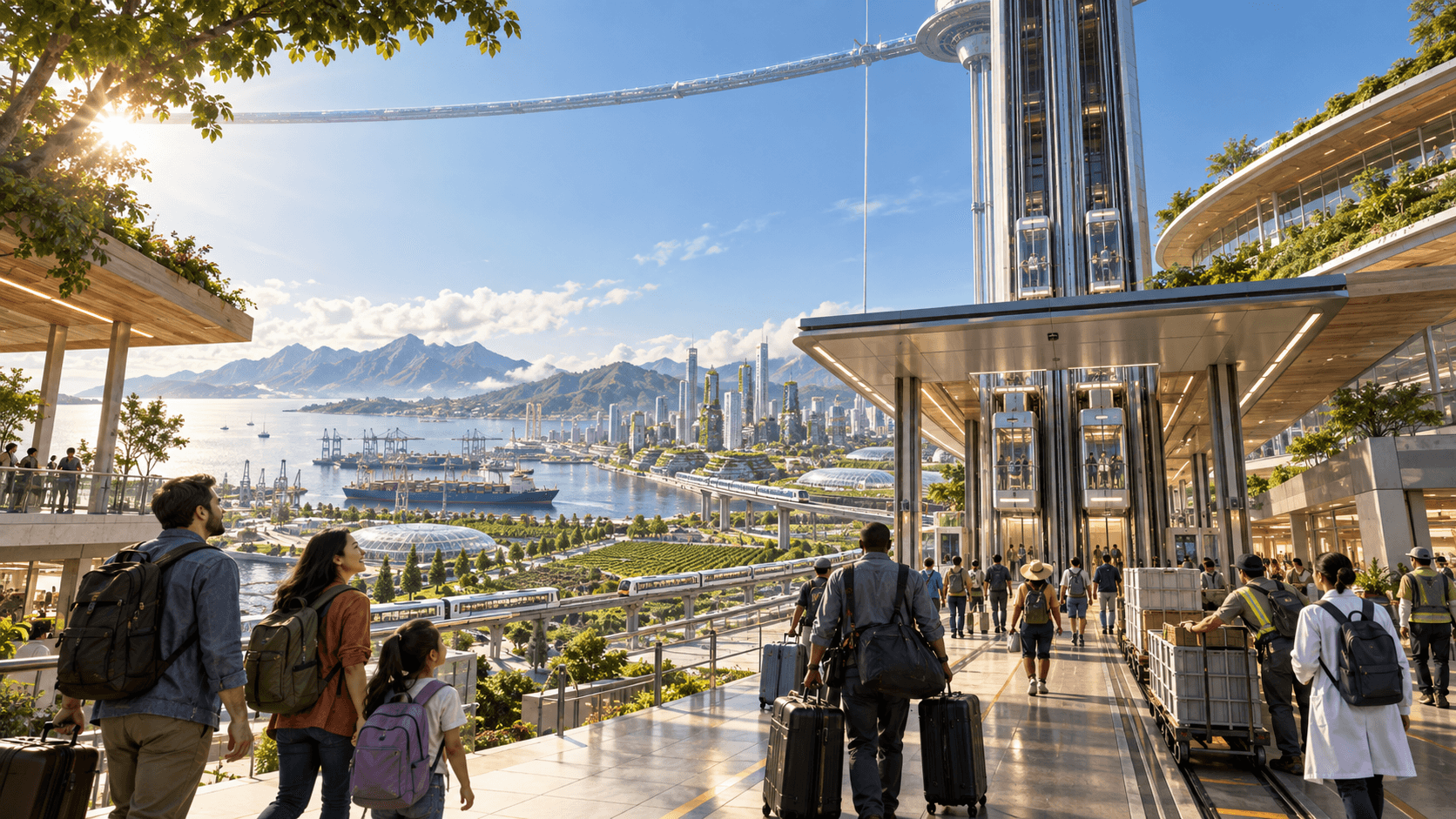 Concept of families, workers, researchers, and cargo using a public orbital elevator station in a green coastal city