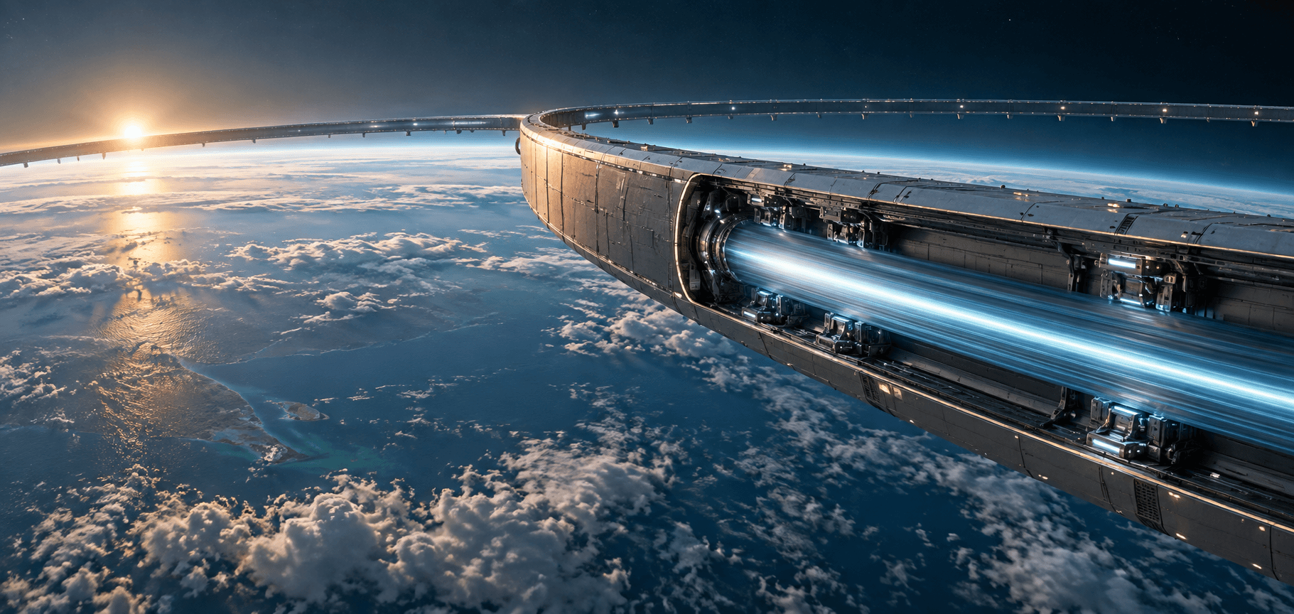 Concept cutaway of a fast inner rotor moving inside the stationary outer shell of an orbital ring above Earth