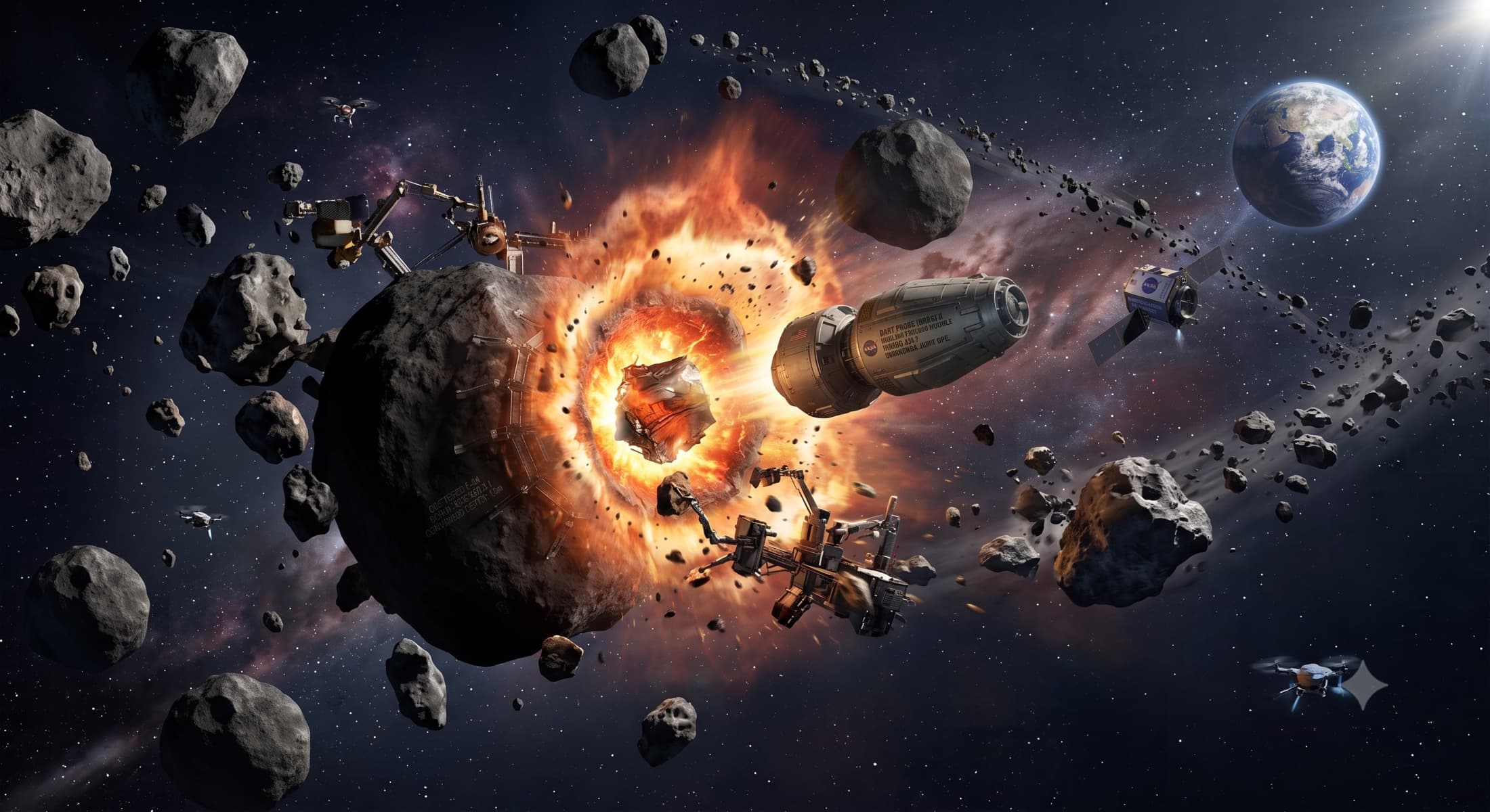 Concept illustration showing an asteroid breaking into many pieces after an energetic intervention