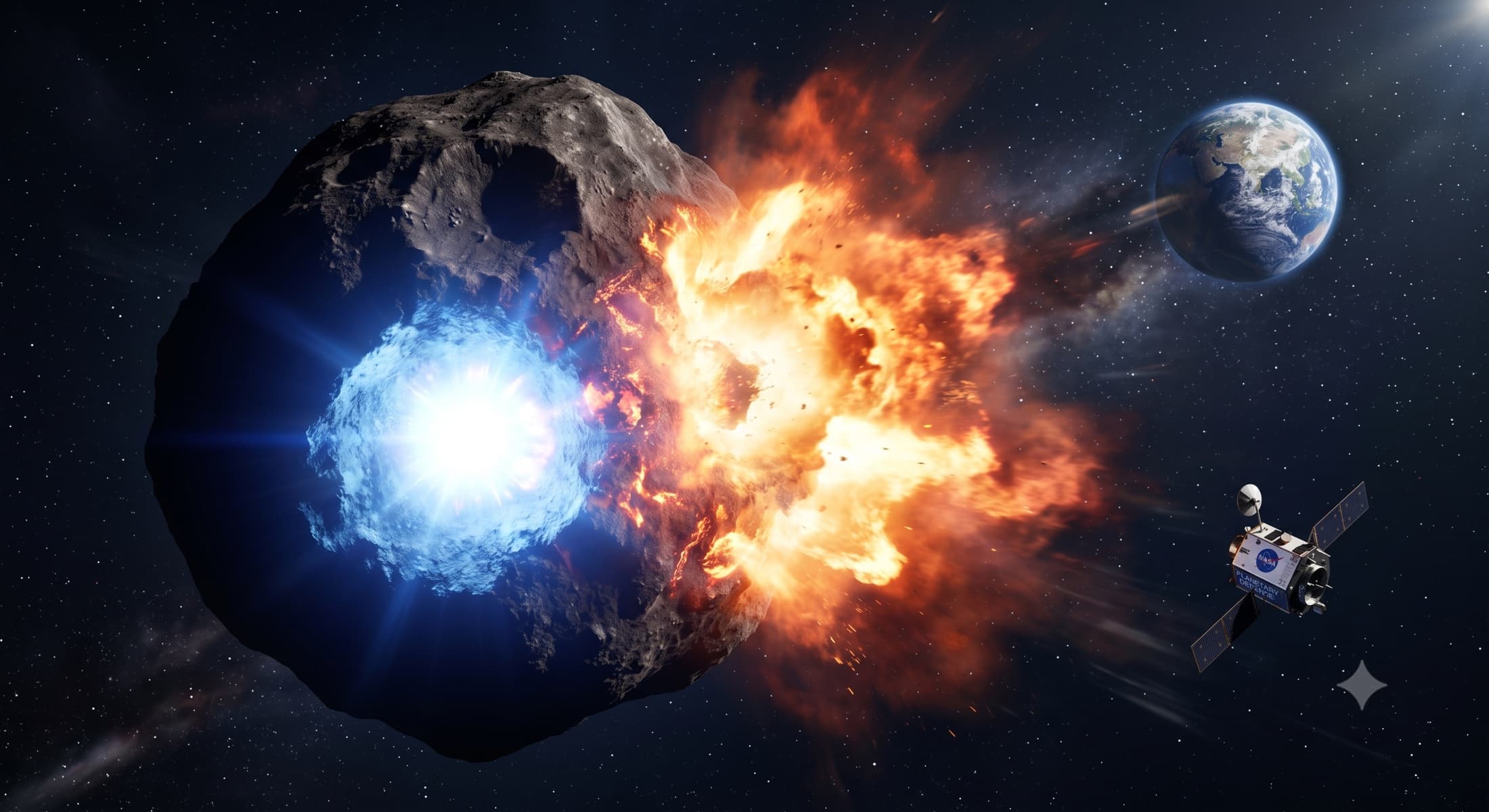 Concept illustration of a stand-off nuclear energy pulse heating the surface of an asteroid while Earth remains in the distance
