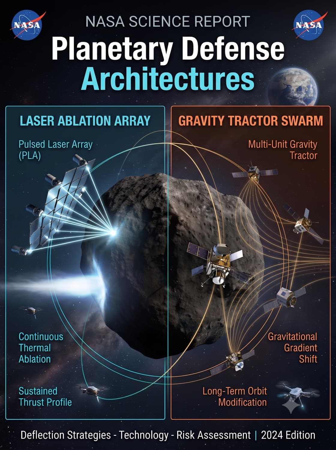 AI concept infographic comparing laser ablation and gravity tractor asteroid defense ideas