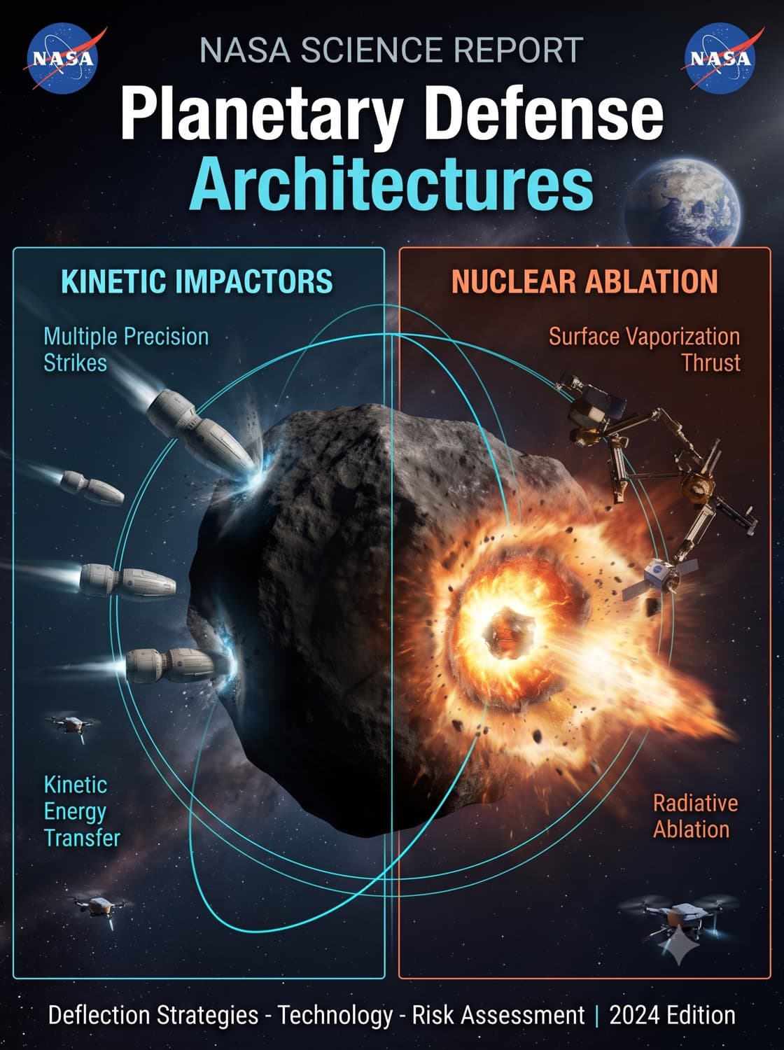 AI concept infographic comparing kinetic impactors and nuclear ablation