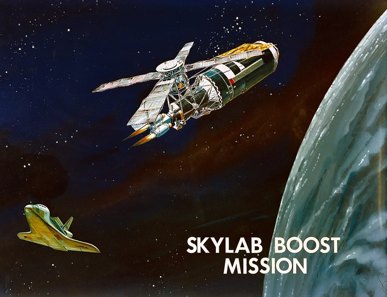 NASA concept art showing a Space Shuttle deploying a propulsion vehicle to boost Skylab
