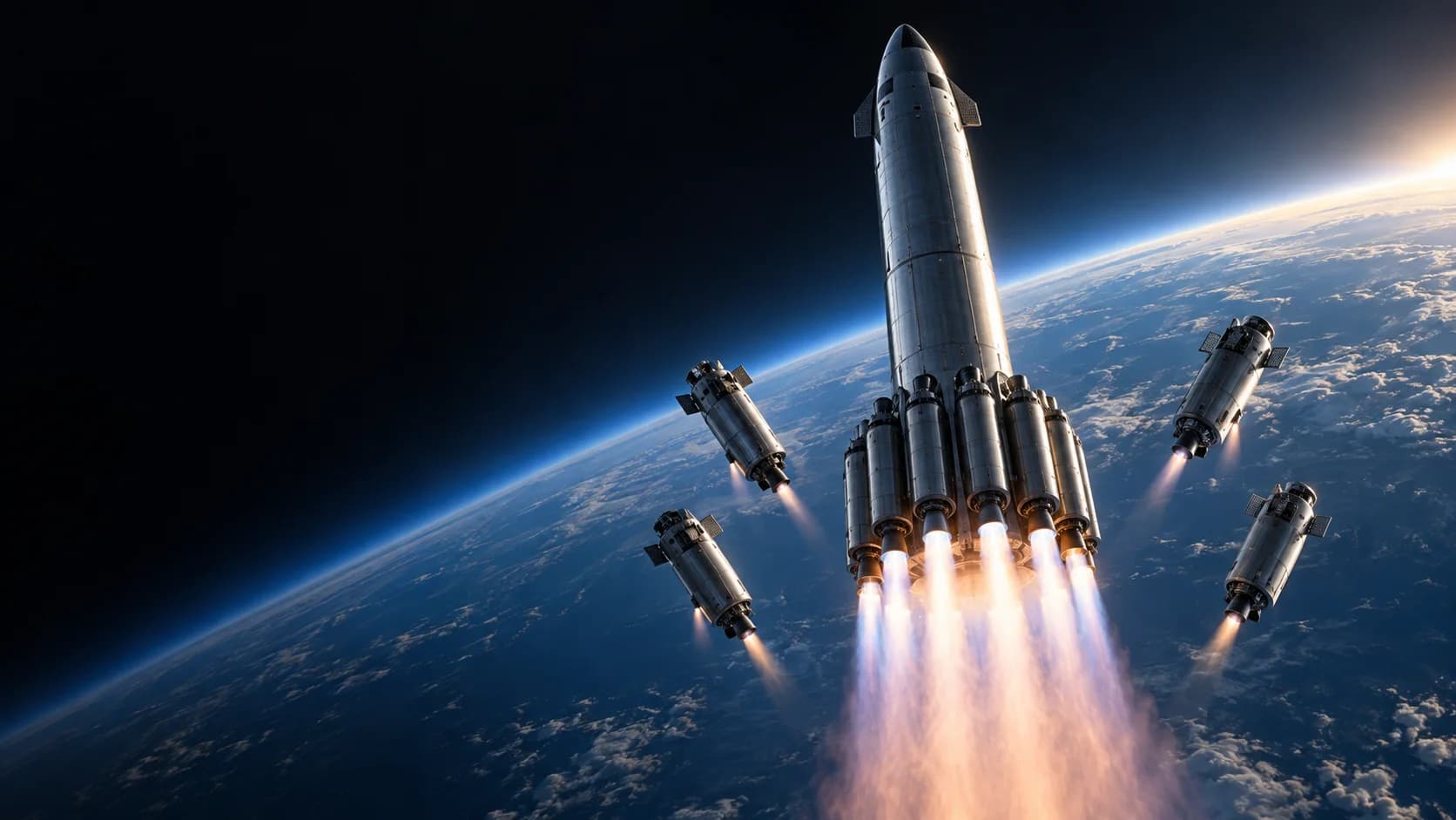 Speculative stainless-steel orbital vehicle shedding autonomous engine pods in symmetric pairs above Earth