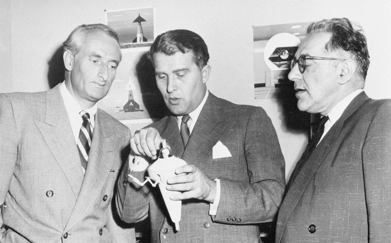 Wernher von Braun, Heinz Haber, and Willy Ley at Walt Disney Studios in 1954