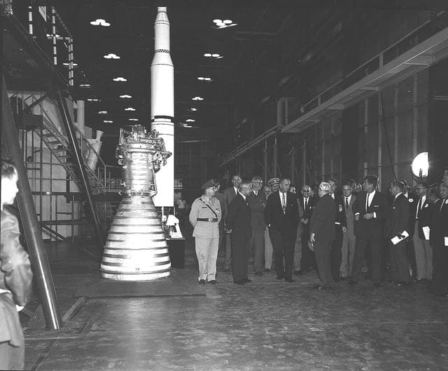 Wernher von Braun explains Saturn launch vehicle hardware to President John F Kennedy in 1962