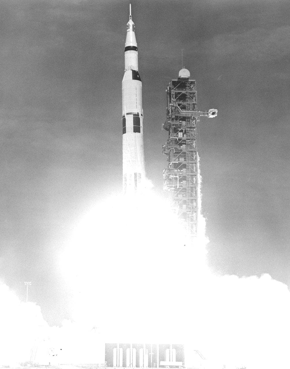 Apollo 11 Saturn V rocket lifting off from Kennedy Space Center in 1969
