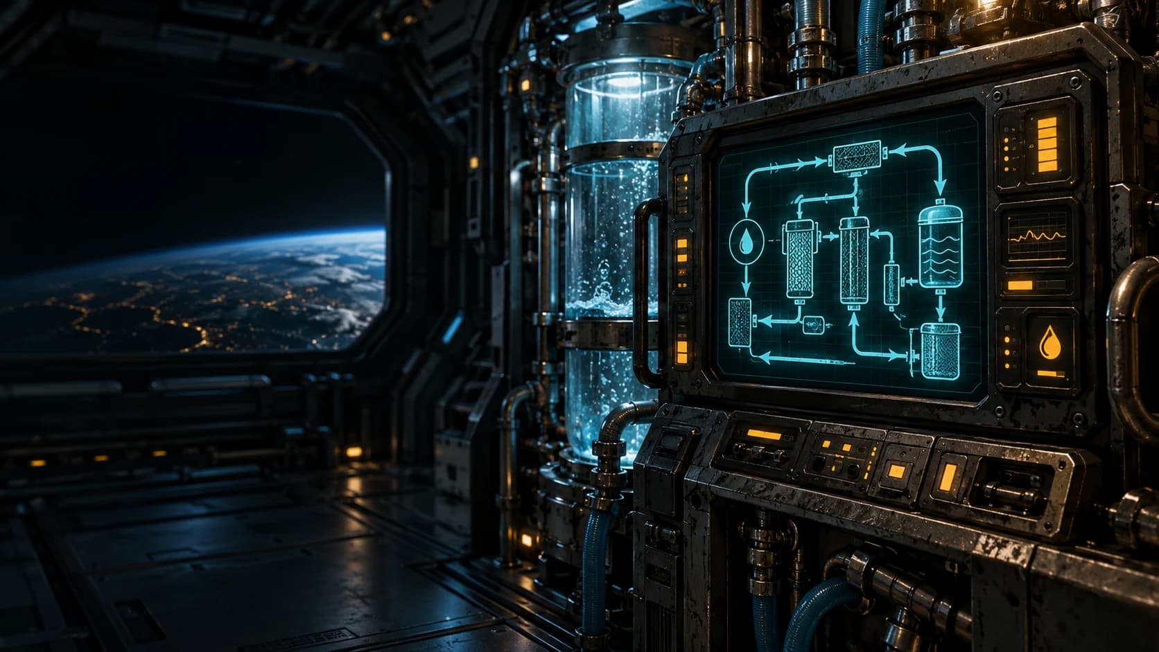 Original concept art of a rugged spacecraft water-management console