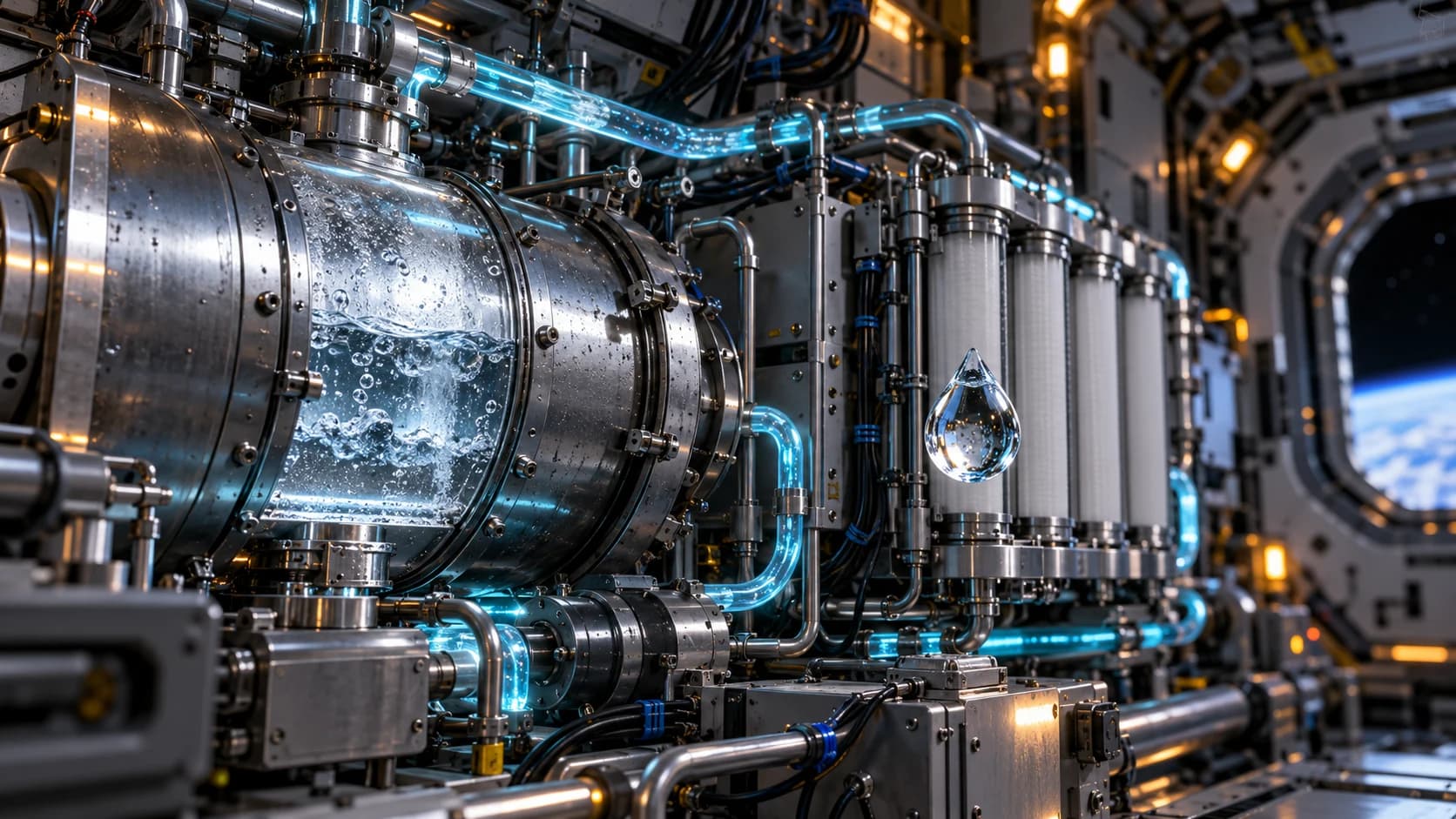 Conceptual water-processing bay with metallic chambers, pipes, and a floating water droplet