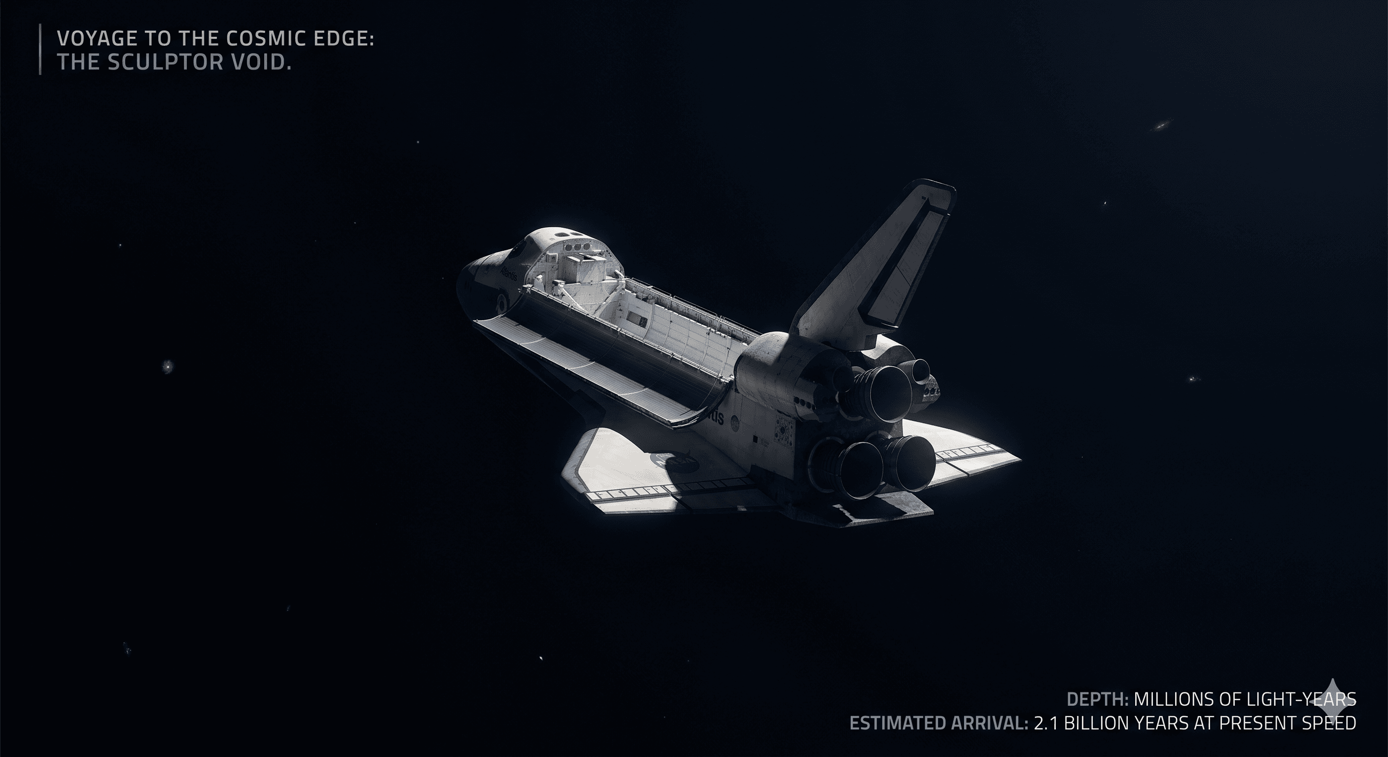 Concept art of a space shuttle drifting through deep dark space toward the Sculptor Void