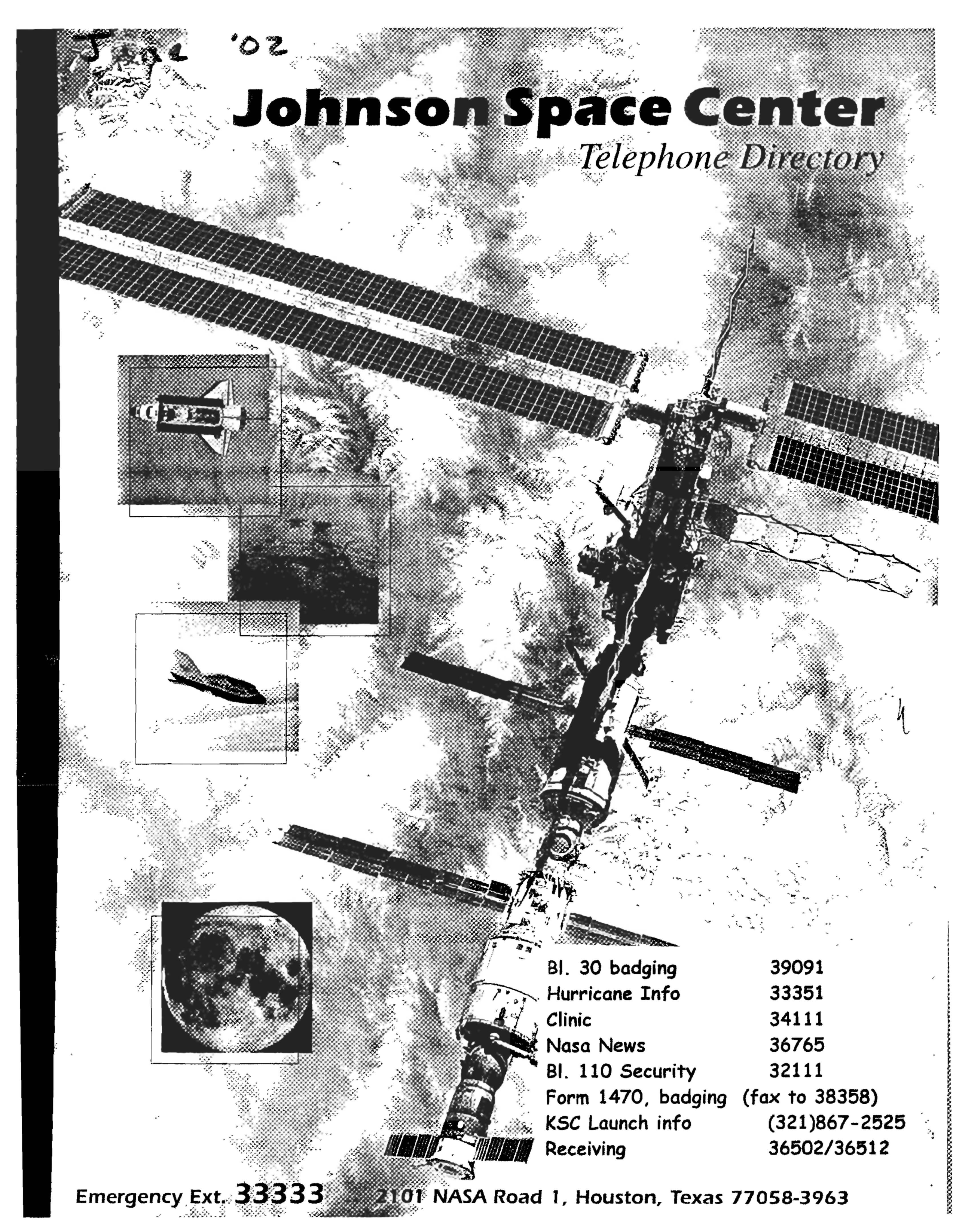 Original cover of the 2002 Johnson Space Center Telephone Directory, illustrated with the International Space Station